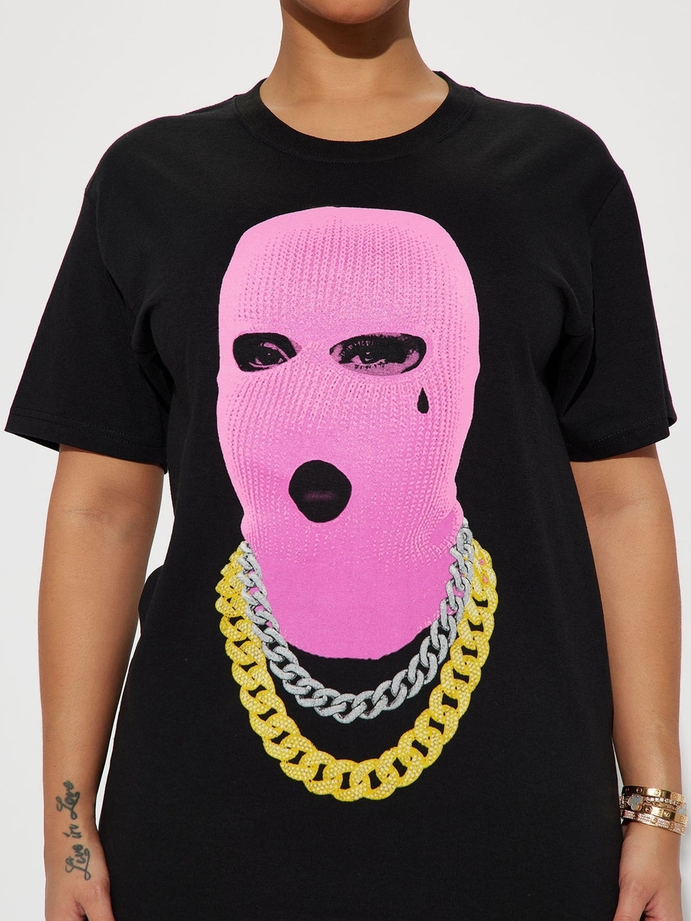 Black Graphic Tee with Pink Balaclava Print